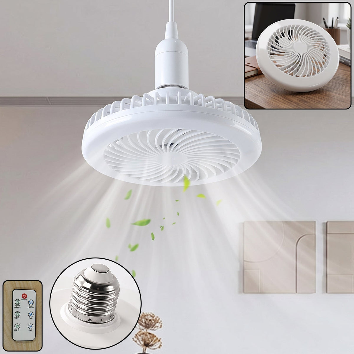 Remote Control Ceiling Fan with Light, E27 Socket LED Lamp Fan for Home