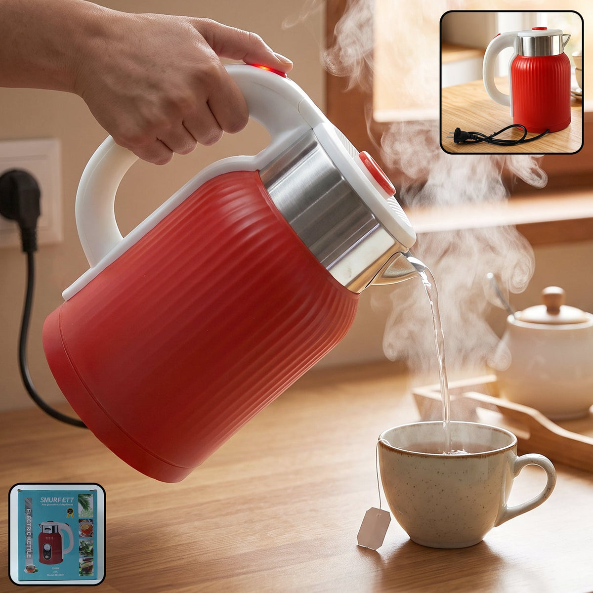 Electric Kettle 2 Litre 1500W Red for Tea Coffee Milk and Hot Water
