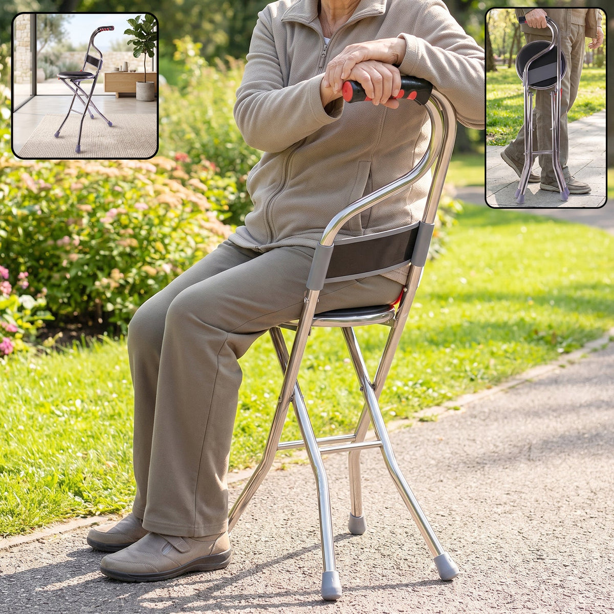 Folding Walking Stick with Seat and Backrest 4 Leg Cane Stool Chair