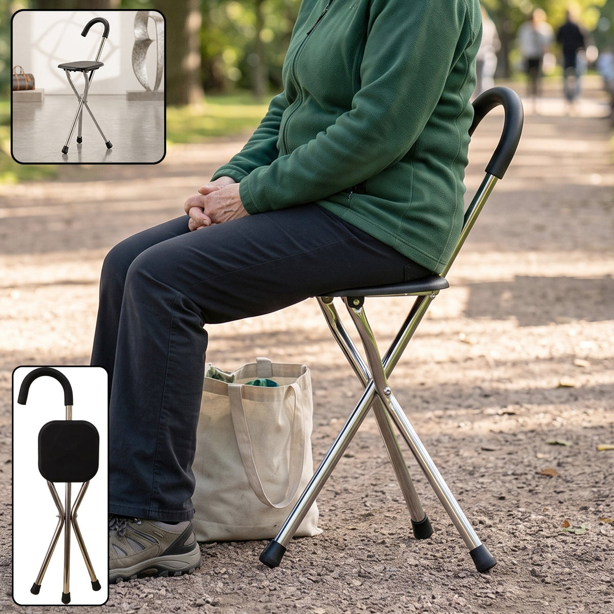 Folding Walking Stick with Seat 3 Leg Cane Stool Chair Support Stand