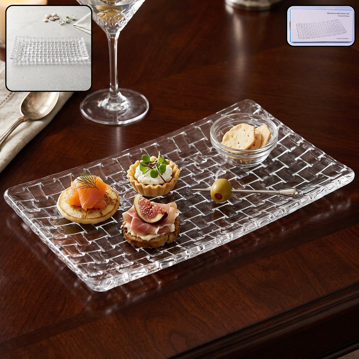 Transparent Glass Serving Tray 11 Inch Rectangular Basketweave Platter
