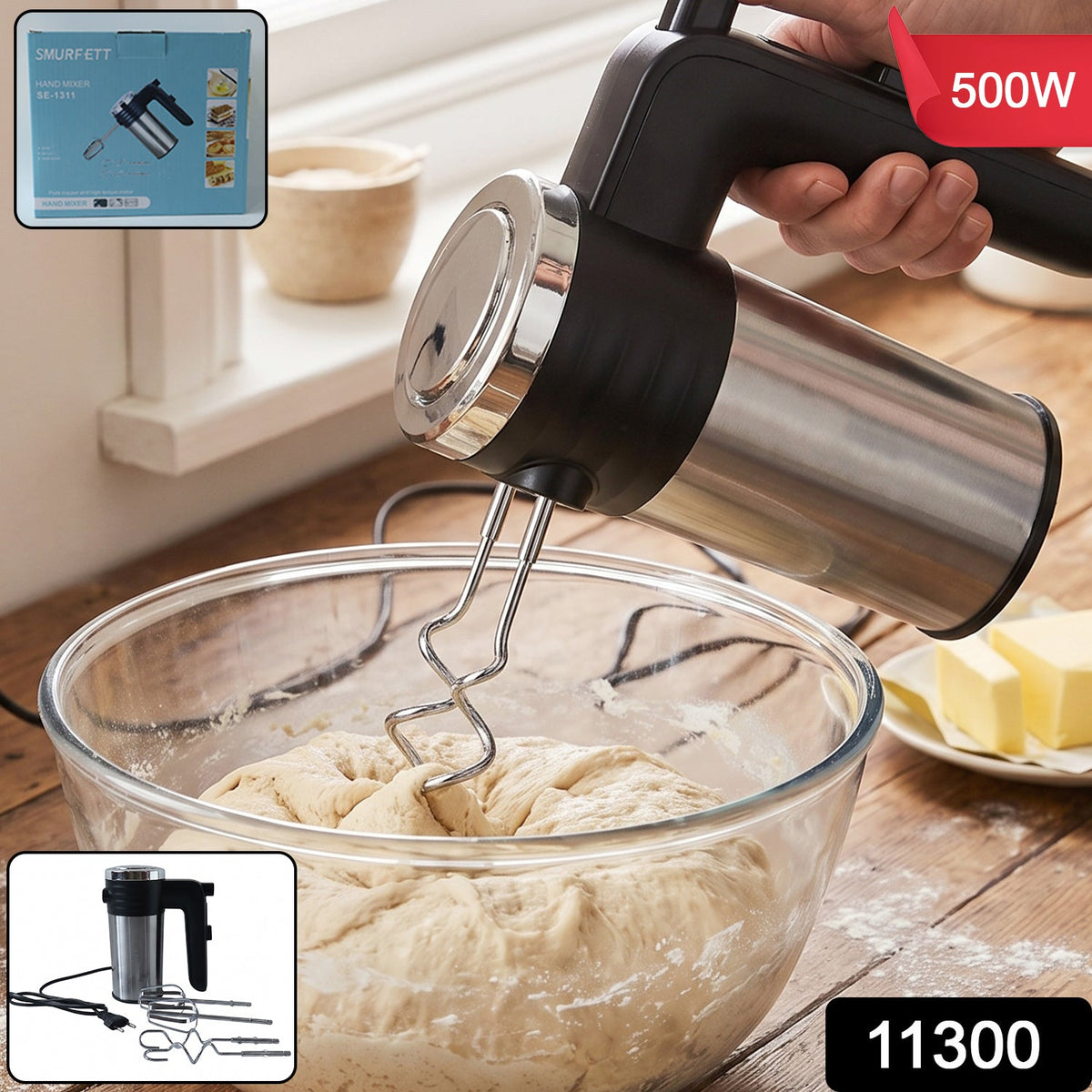 Electric Hand Mixer 500W with Beaters Dough Hooks for Cake and Baking