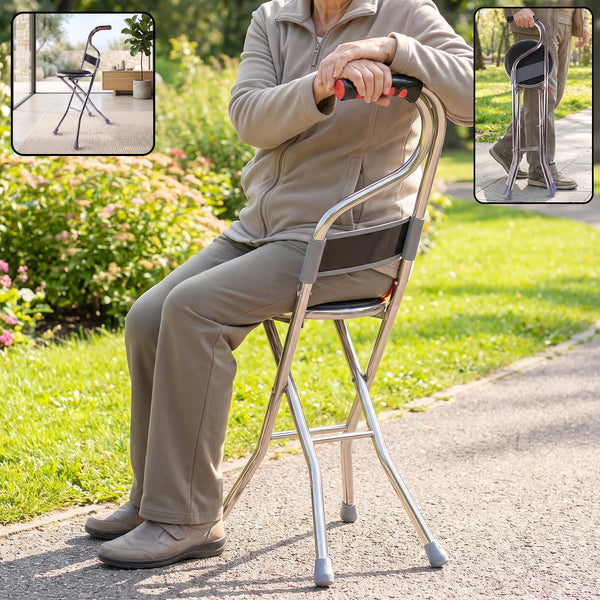 Folding Walking Stick with Seat and Backrest 4 Leg Cane Stool Chair