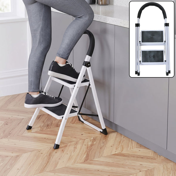 2 Step Folding Ladder with Padded Handrail Anti Slip Steel Step Stool