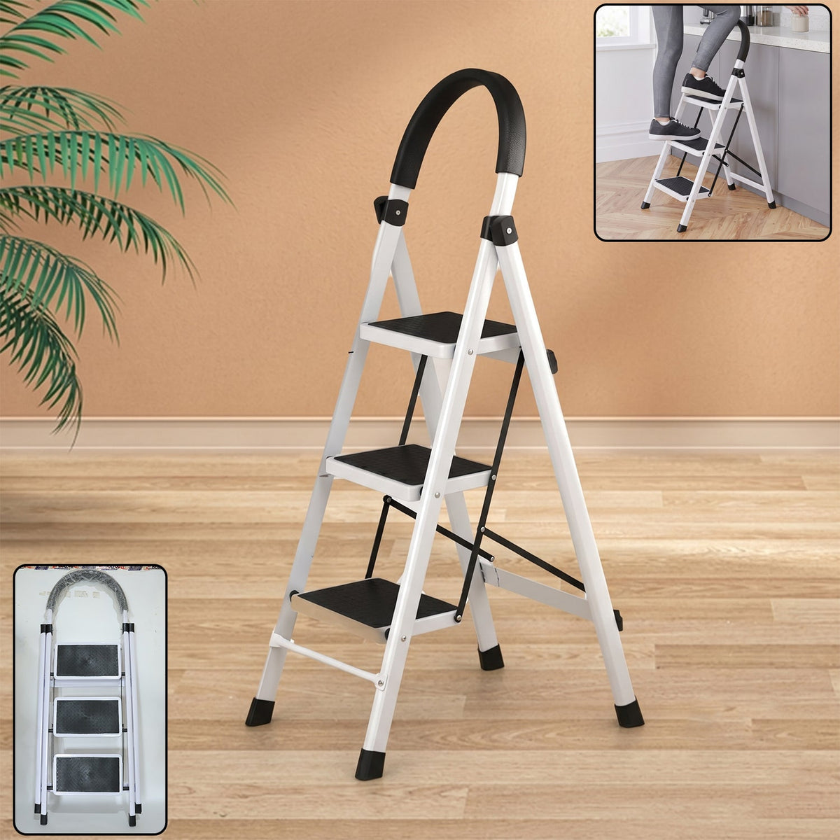 3 Step Folding Ladder with Padded Handrail Anti Slip Steel Step Stool