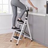 3 Step Folding Ladder with Padded Handrail Anti Slip Steel Step Stool