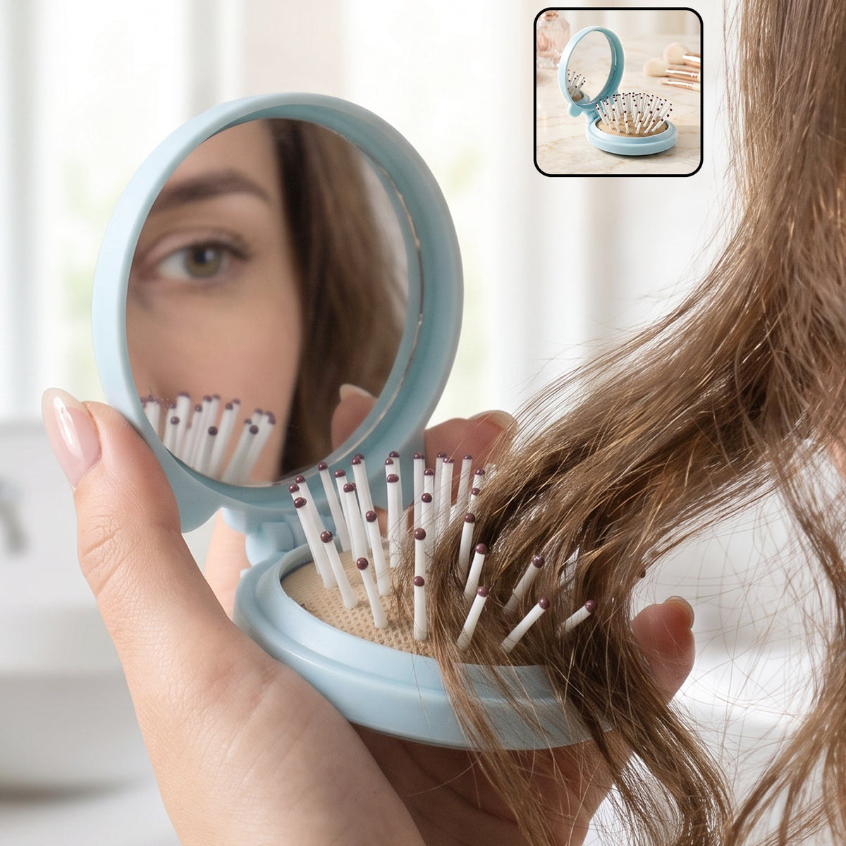 2 in 1 Folding Hair Brush with Mirror Compact Pop Up for Travel