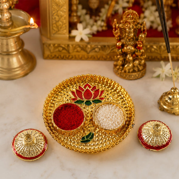 Round Kankavati Kumkum Holder Decorative Pooja Thali with Lotus Design