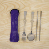 Portable Stainless Steel Cutlery Set with Spoon Fork Chopsticks Pouch (4 Pc Set)