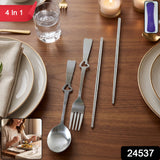 Portable Stainless Steel Cutlery Set with Spoon Fork Chopsticks Pouch (4 Pc Set)